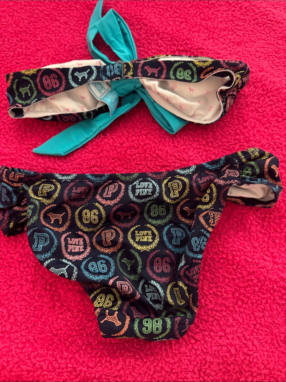 Victoria's Secret Black Multicolor Patterned Bandeau Bikini with Teal Tie - Picture 7 of 8